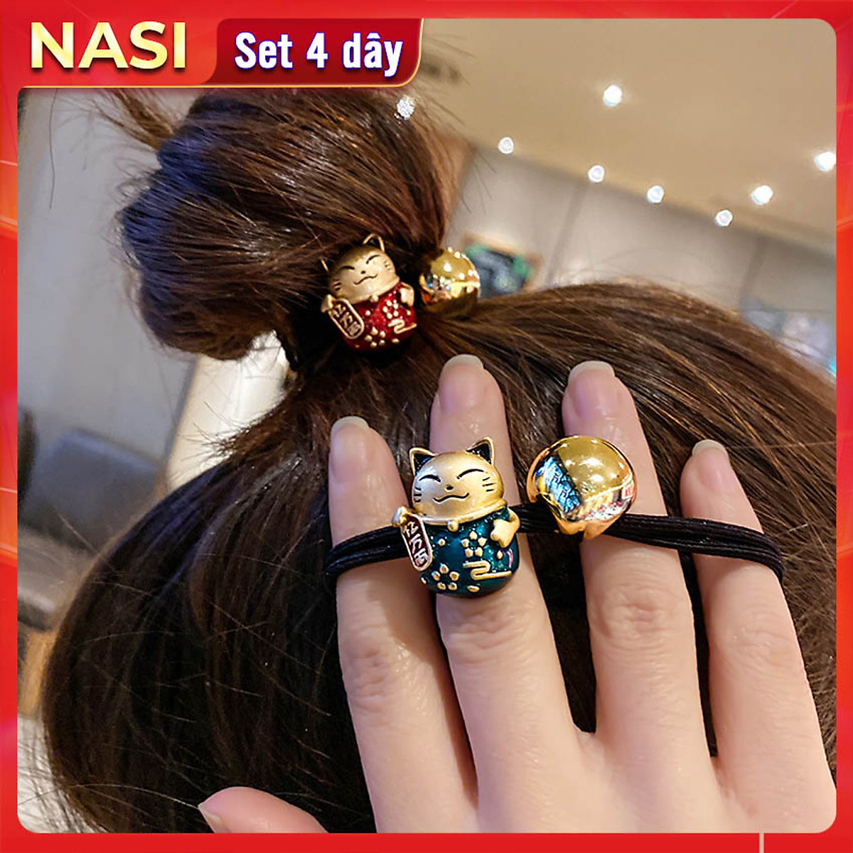 Dây buộc tóc nữ mèo thần tài [Set 4 dây] may mắn và tài lộc NASI