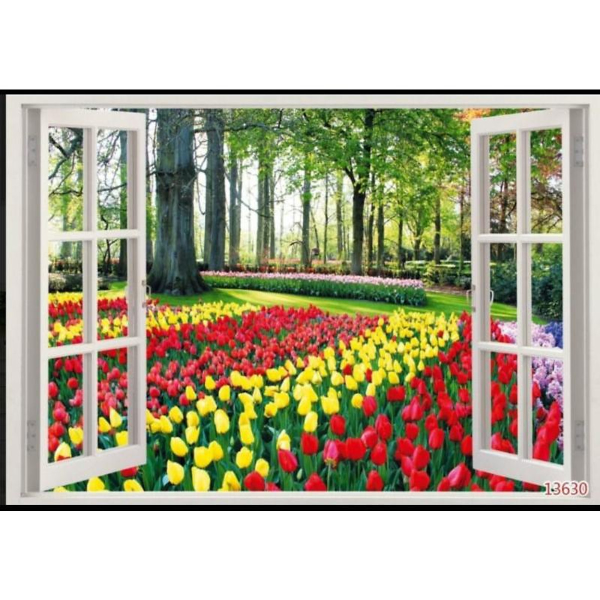 Mua tranh dán tường Cửa Sổ 3d tranh phong cảnh hoa tulip in Vải Lụa tại  Xưởng In Tranh Lụa Dán Tường 3D