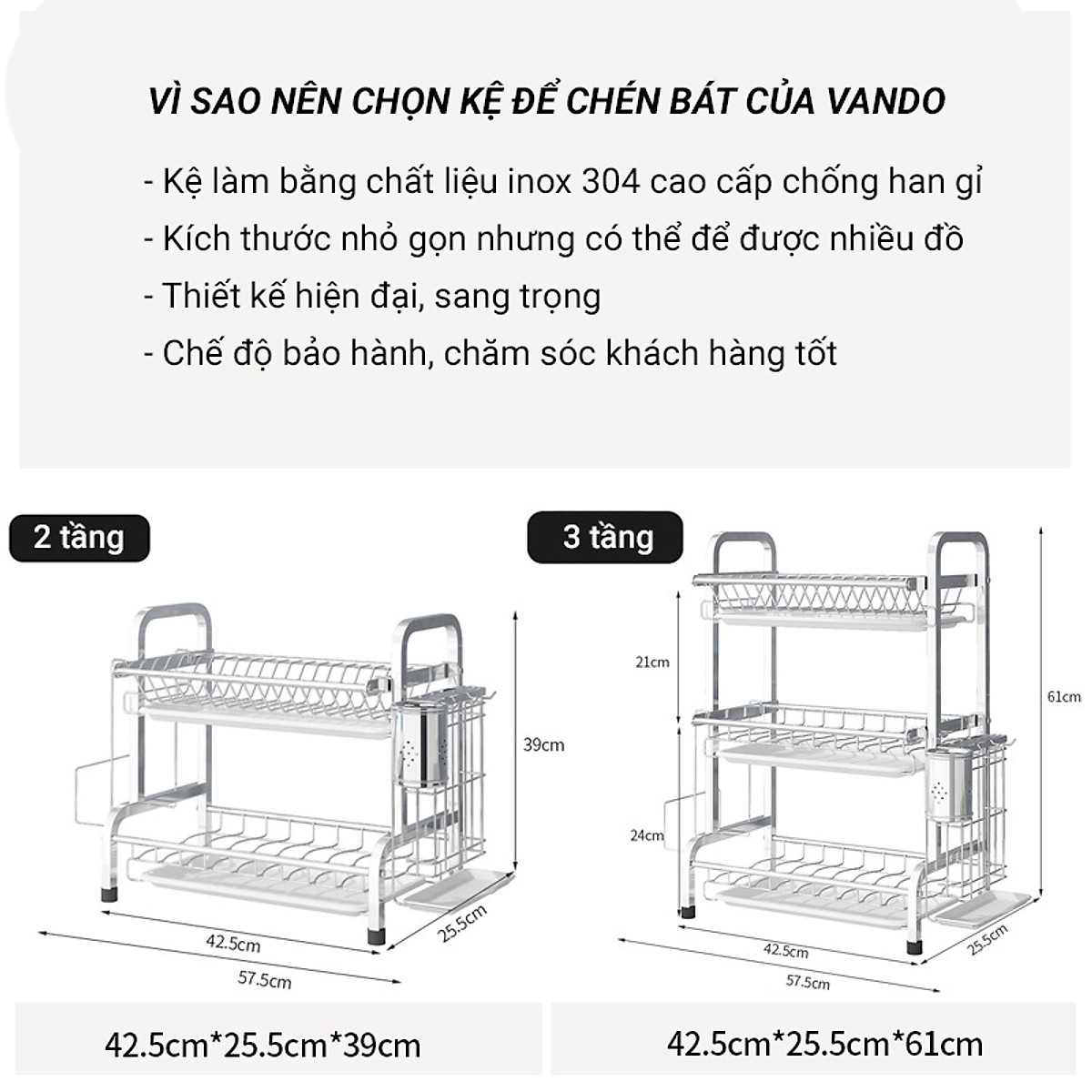 Kệ Úp Chén Bát Đĩa INOX 304 Kèm Khay Hứng Nước Giá Khô Ráo Trên Bàn Bếp