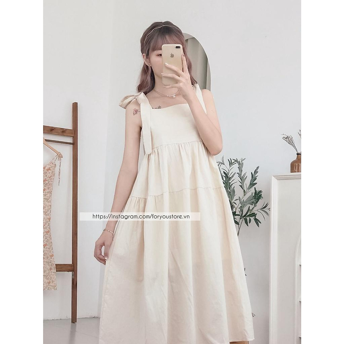 Váy hai dây thô đầm nơ vai xinh xắn tiểu thư - VN0064