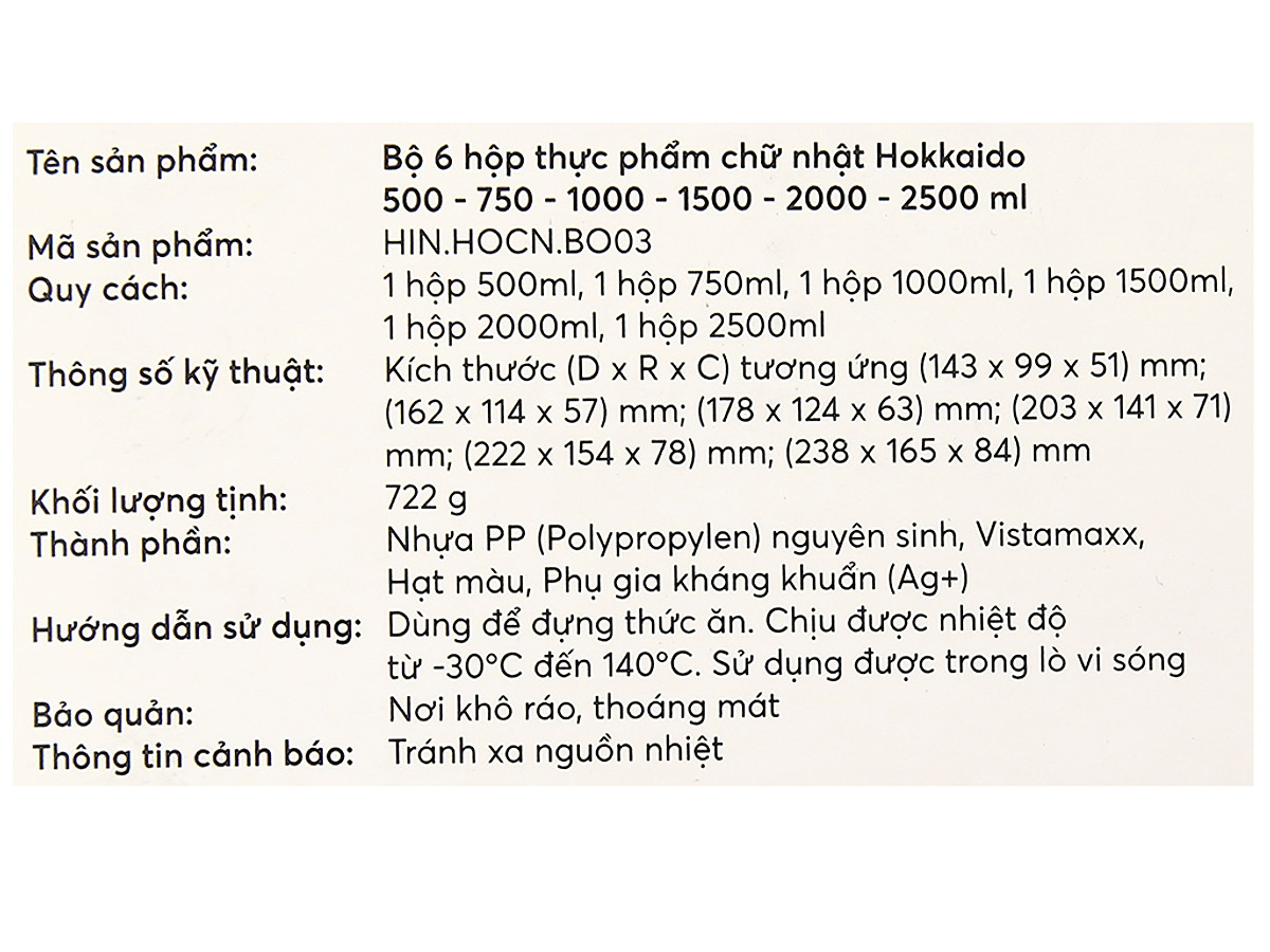 Bộ 6 hộp đựng thực phẩm chữ nhật Inochi Hokkaido (500-750-1000-1500-2000-2500ml)