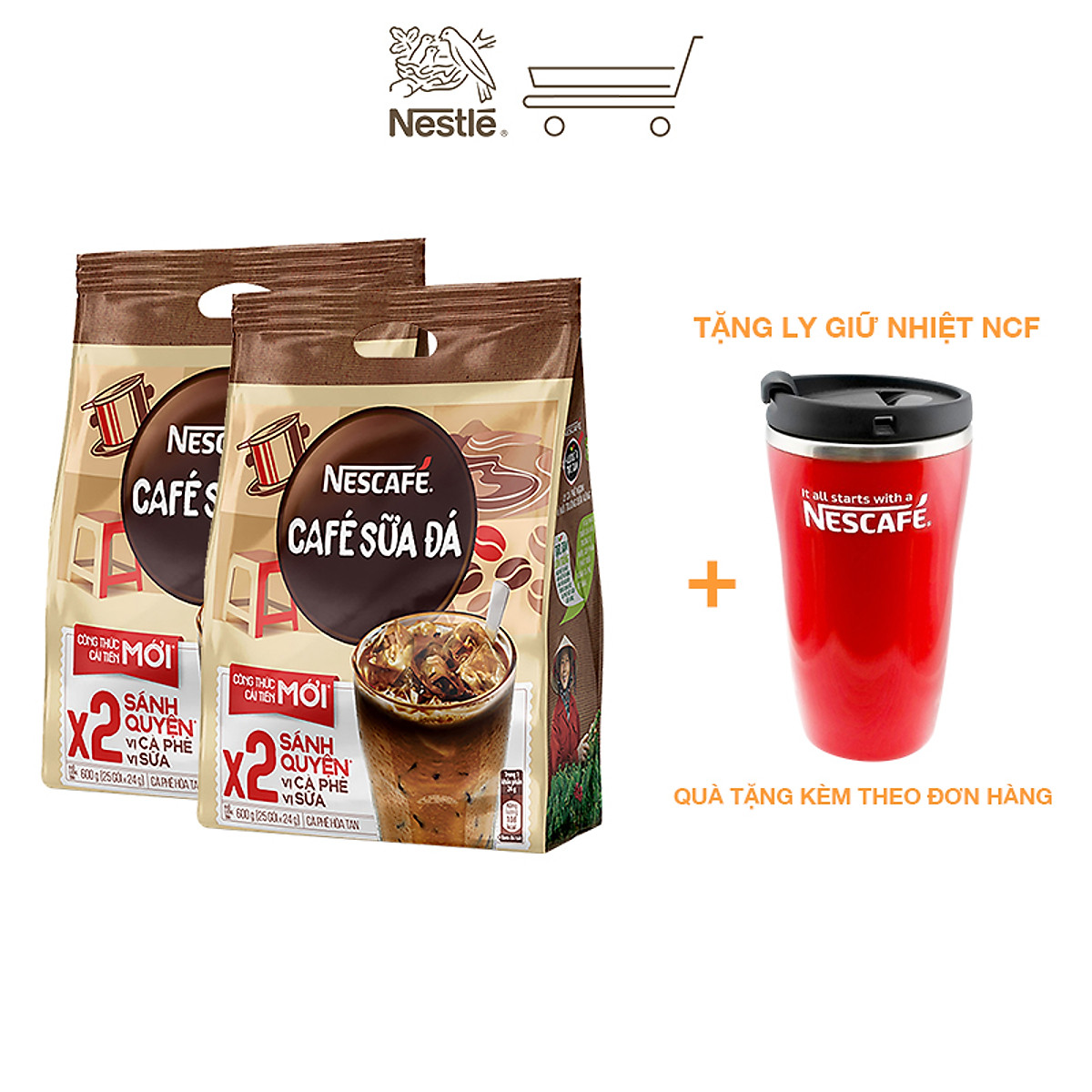 [Tặng ly 2 lớp tiện lợi] Combo 2 bịch cà phê hòa tan Nescafé cà phê sữa đá (25 gói x 24g)