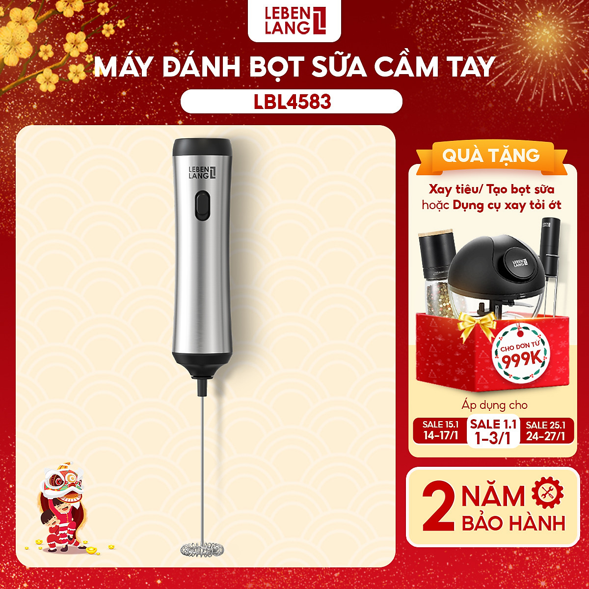 Máy đánh bọt cafe cầm tay Lebenlang LBL4583, sạc điện tiện lợi, công suất 10W, hàng chính hãng - bảo hành 2 năm