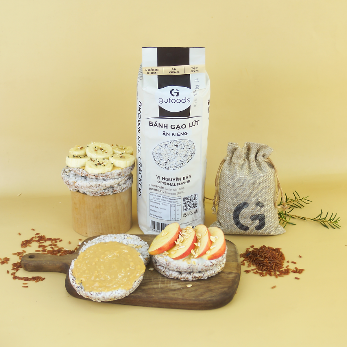 Bánh gạo lứt nguyên hạt ăn kiêng GUfoods (Gói 170g=18 bánh) - Không chiên dầu, Phù hợp Eat clean, Ăn vặt healthy, Thực dưỡng, Tập Gym, Giảm cân