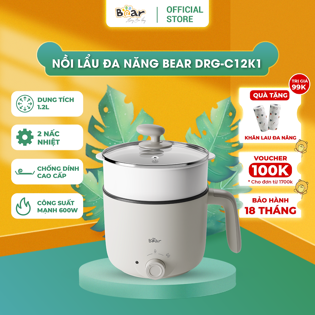 Nồi Lẩu Mini Đa Năng 1,2L Bear Lẩu 2 tầng Vật Liệu Chống Dính An