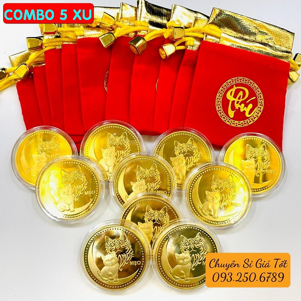 Sỉ Combo 10 Đồng Tiền Xu Con Hình Mèo Mạ Vàng Kèm Túi gấm đỏ PHÚC