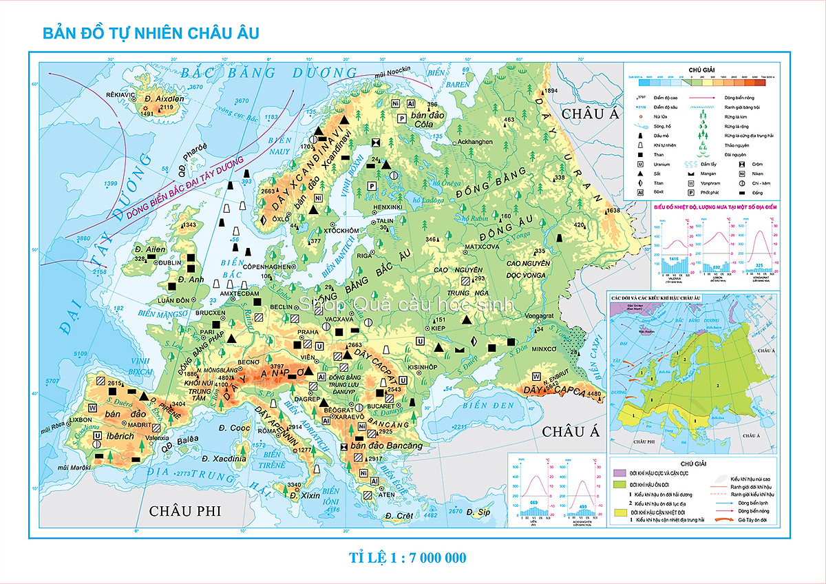 Bản đồ tự nhiên châu Âu: Bản đồ tự nhiên châu Âu giúp bạn hiểu rõ về lịch sử địa chất của vùng đất này, cũng như dòng chảy của các sông lớn như sông Volga, sông Rhein và sông Danube. Bạn sẽ được trải nghiệm những cảnh quan đẹp tuyệt vời của địa chất tự nhiên.