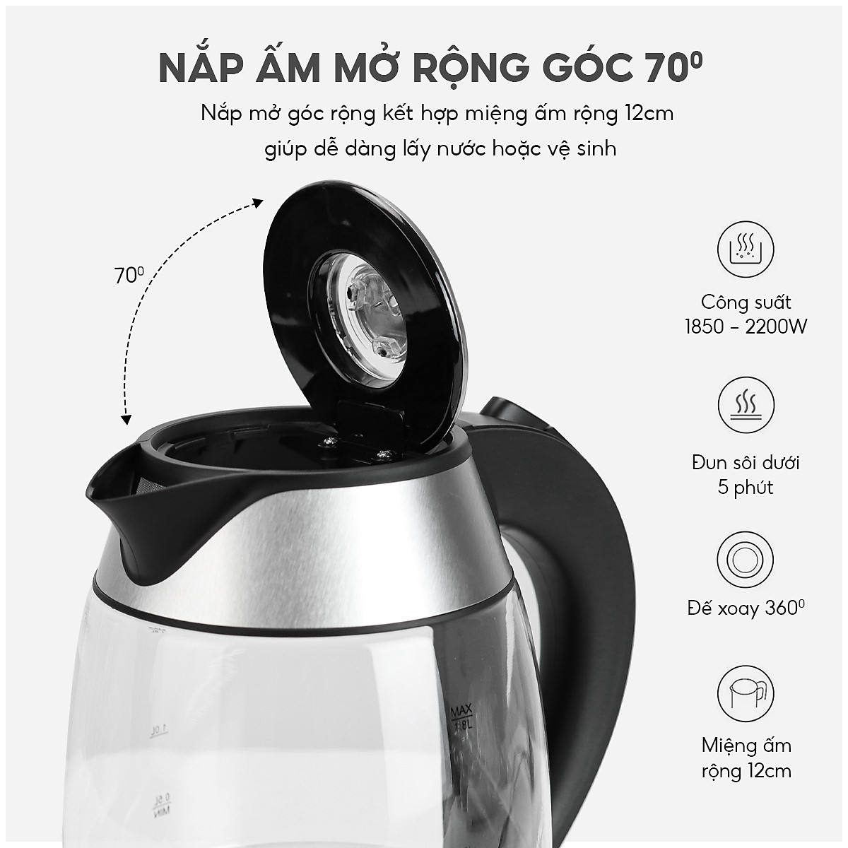 Ấm siêu tốc thuỷ tinh Lebenlang LBE2819, dung tích 1800ml, bảo hành 2 năm - hàng chính hãng