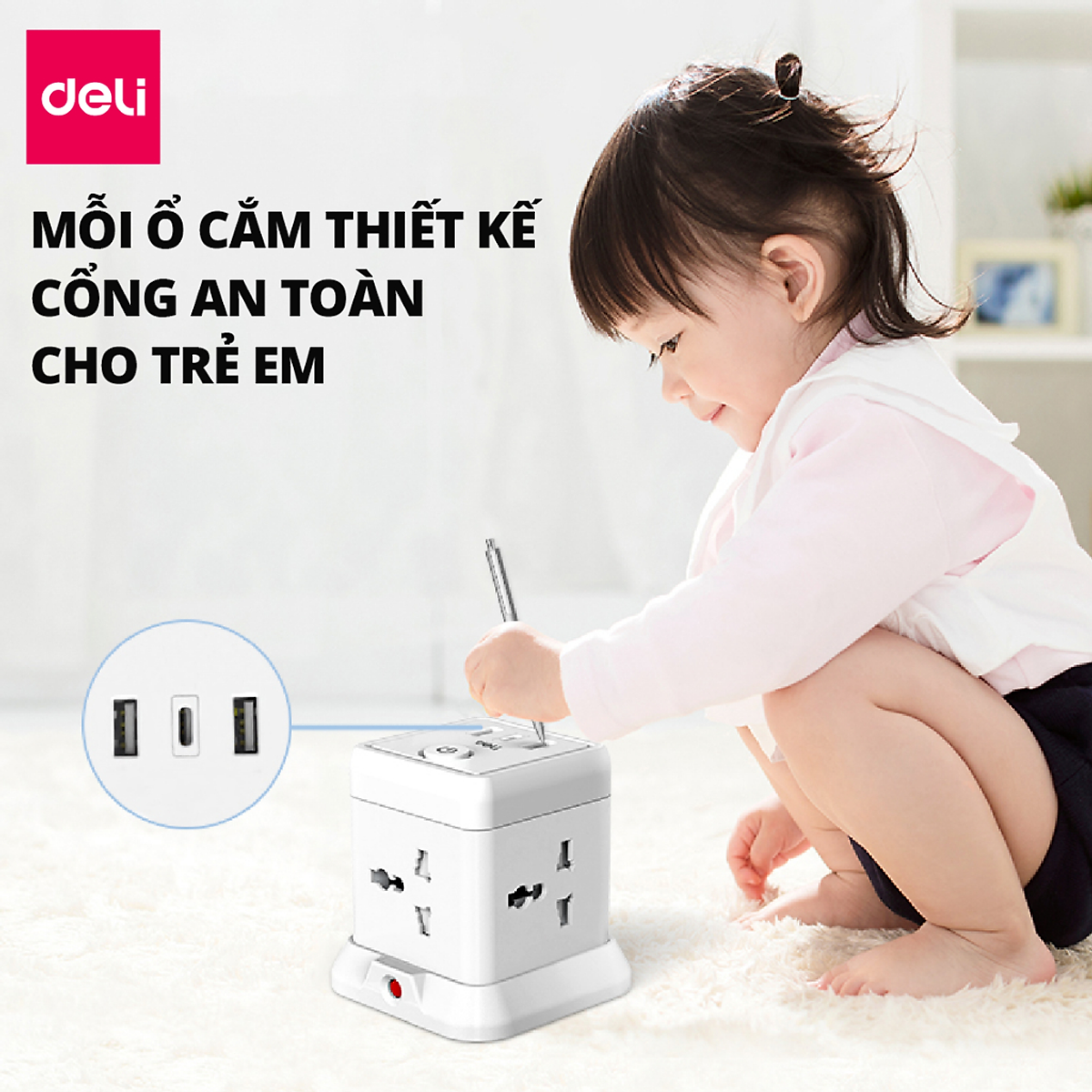 Ổ Cắm Điện Đa Năng DELI Sạc Nhanh TypeC USB PD20W 2-12 Ổ Vuông Dẹt Chịu Tải 2500W, Cầu Chì Tự Ngắt