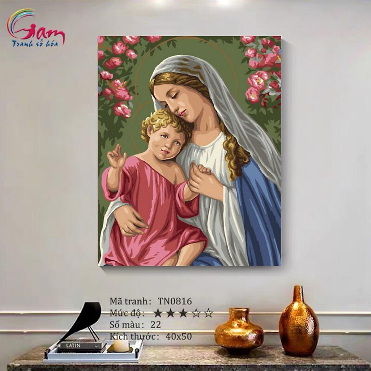 Tranh tô màu theo số sơn dầu số hóa TN0816 Tranh Đức mẹ Maria và Chúa