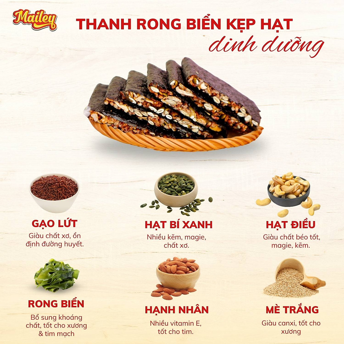 Rong biển kẹp hạt dinh dưỡng Mailey Túi 250g - hỗ trợ ăn kiêng giảm cân, bánh ngũ cốc dinh dưỡng