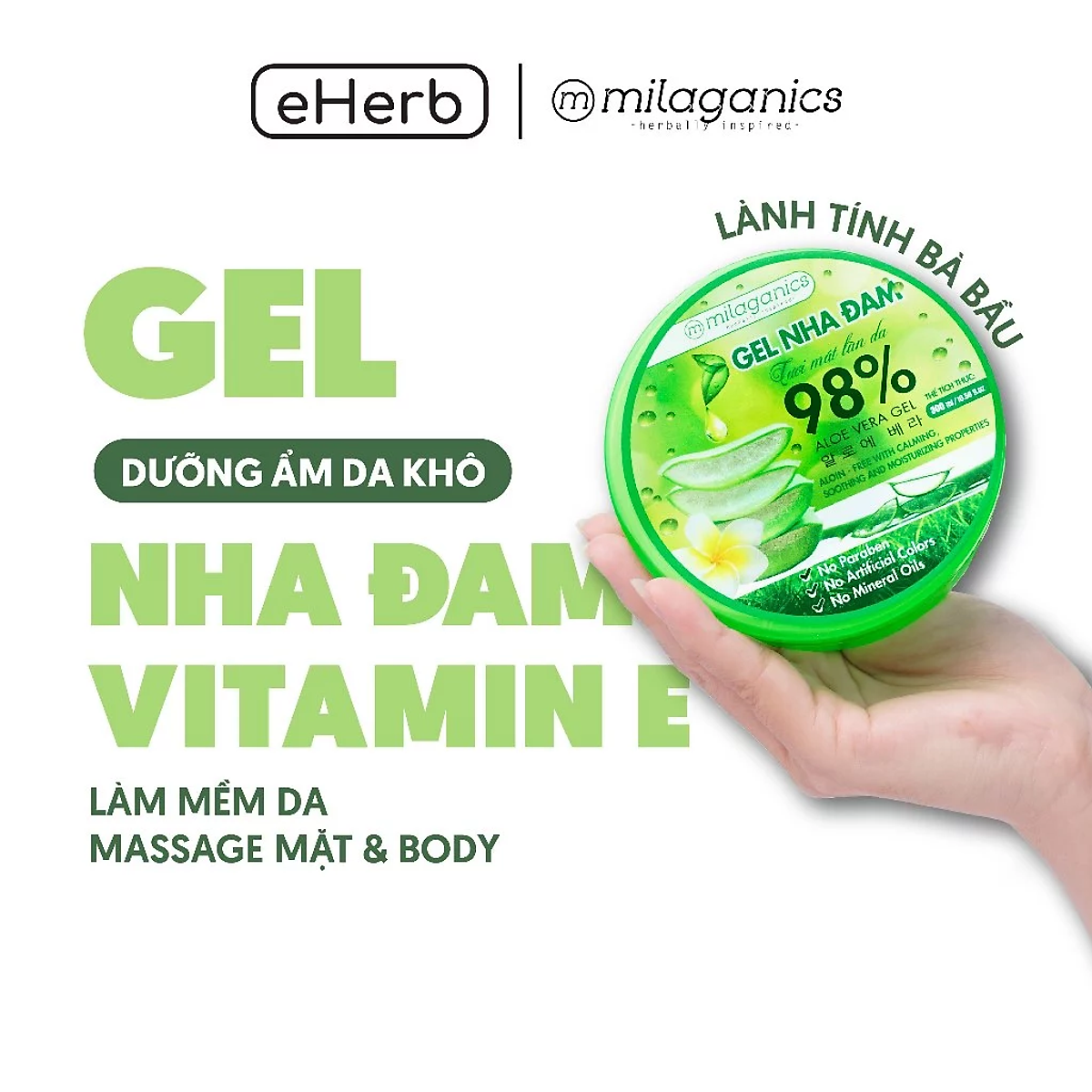 Gel nha đam dưỡng da & cấp ẩm 98% MILAGANICS phù hợp với da khô, nhạy cảm 300ml (hũ)