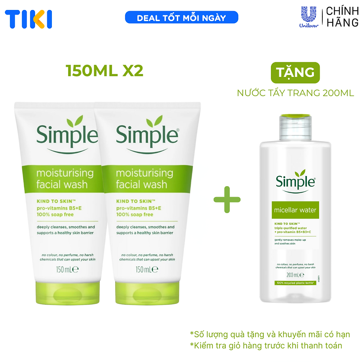 Combo 2 sữa rửa mặt Simple giúp cấp ẩm, da trông khỏe và mịn màng - cho da khô nhạy cảm 150ml [CHÍNH HÃNG ĐỘC QUYỀN] [MỚI]