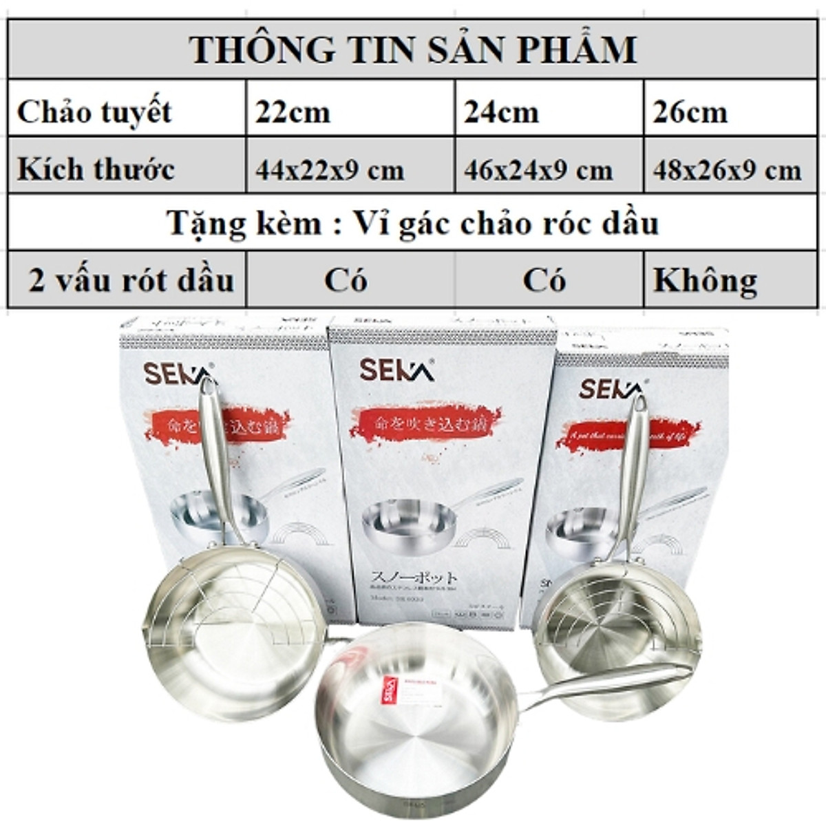 Chảo nguyên khối inox sâu lòng Seka dùng cho mọi loại bếp, tặng kèm vỉ gác chảo róc dầu, bảo hành 1 năm - Hàng chính hãng