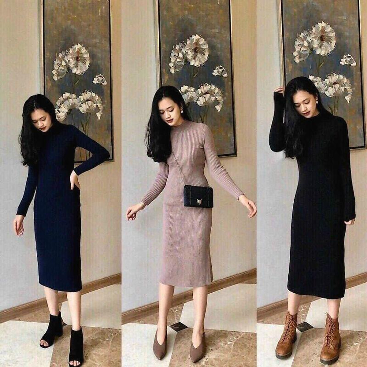 Váy len body váy len tăm cổ 3 phân dáng ôm qua gối chất len dày dặn   Lazadavn