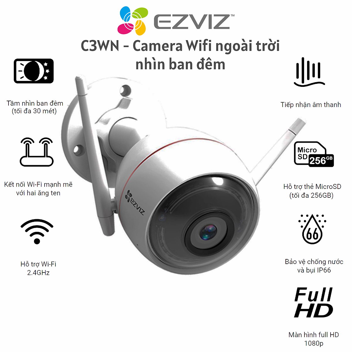 Camera IP Ngoài Trời Chống Nước Ezviz C3WN 2Mp Full HD1080P - Hàng Chính Hãng
