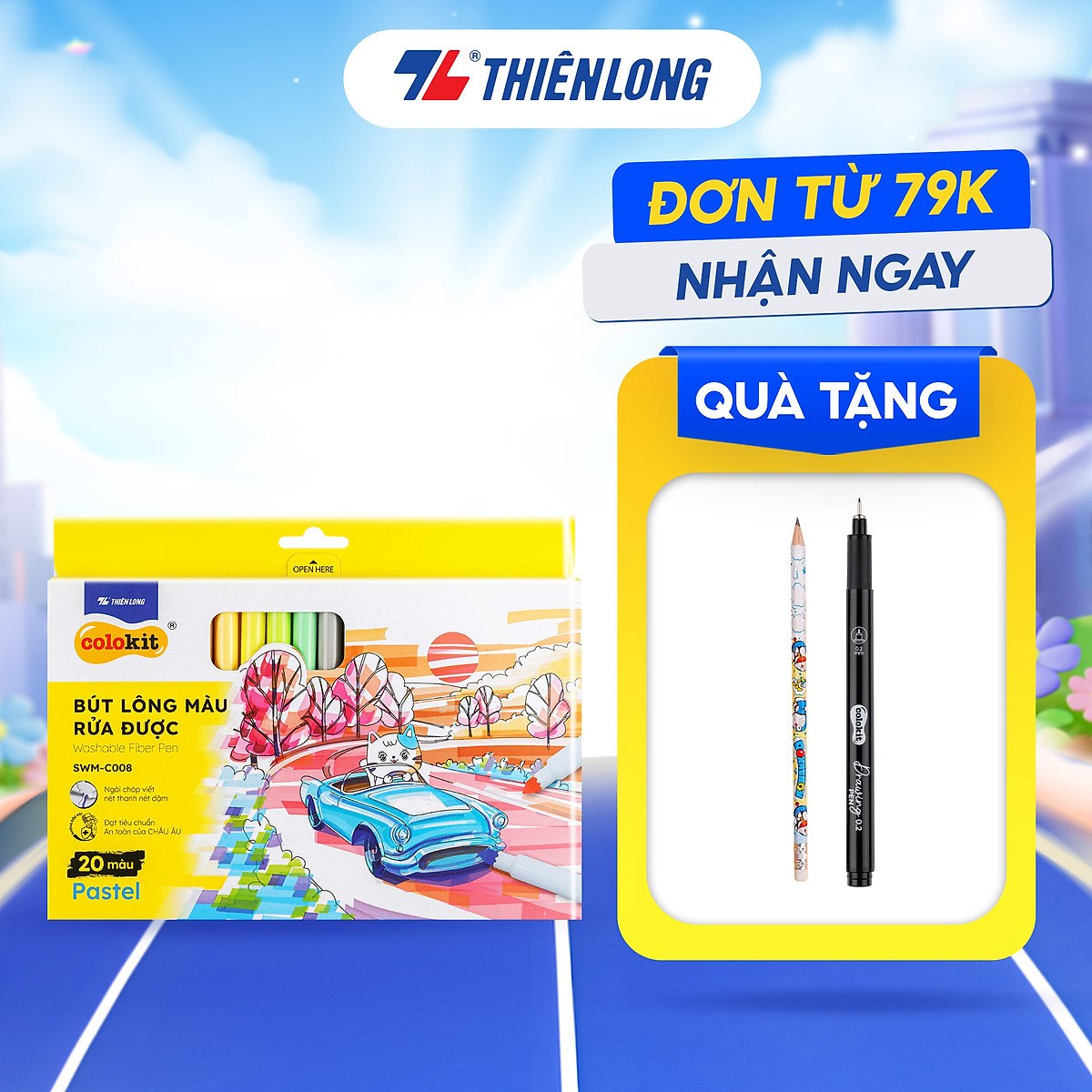 Bút lông màu Fiber Pen 20 màu Pastel Thiên Long Colokit rửa được an toàn sử dụng tô màu, vẽ tranh, calligraphy SWM-C008