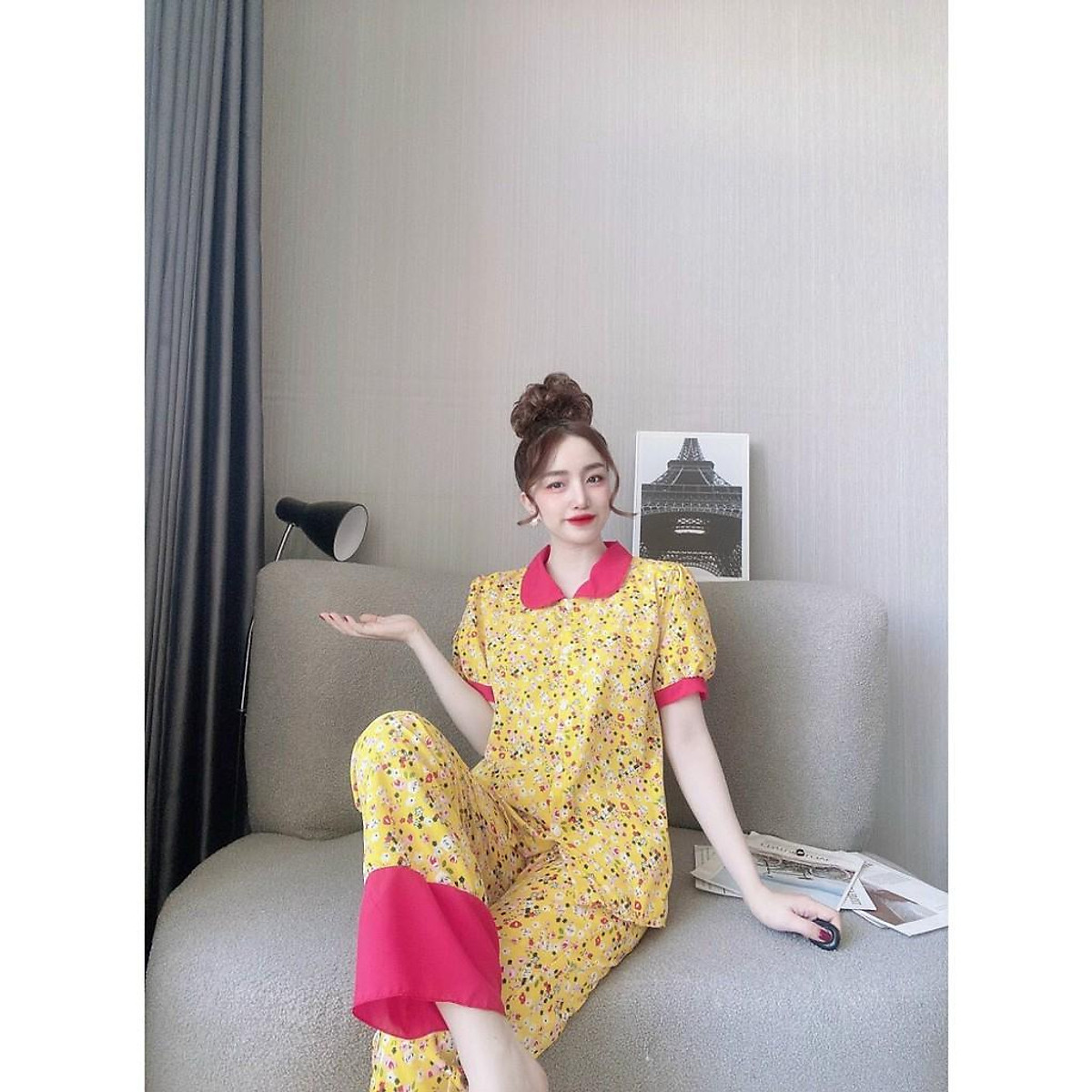 Sét đồ ngủ cổ sen quần dài lụa hàn siêu xinh mặc nhà Đồ bộ freesize giá rẻ