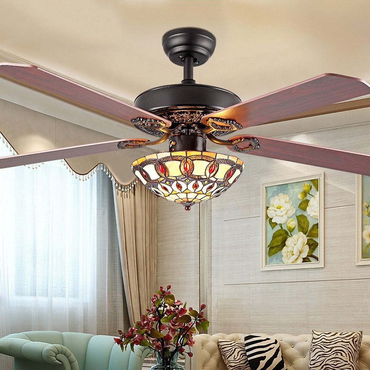 Mua Quạt đèn trần Tiffany họa tiết tinh tế mang phong cách tân cổ điển sang trọng QDT7. tại Đồ Trang Trí Nội Thất Tân Cổ Điển | Tiki