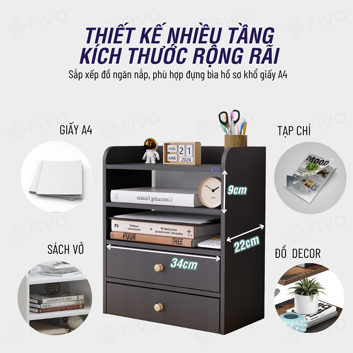 Kệ Sách Gỗ Mini Để Bàn FIVO FB27 Đa Năng, Dễ Lắp Ráp, Tiết Kiệm Không Gian, Gọn Gàng Góc Học Tập Và Làm Việc