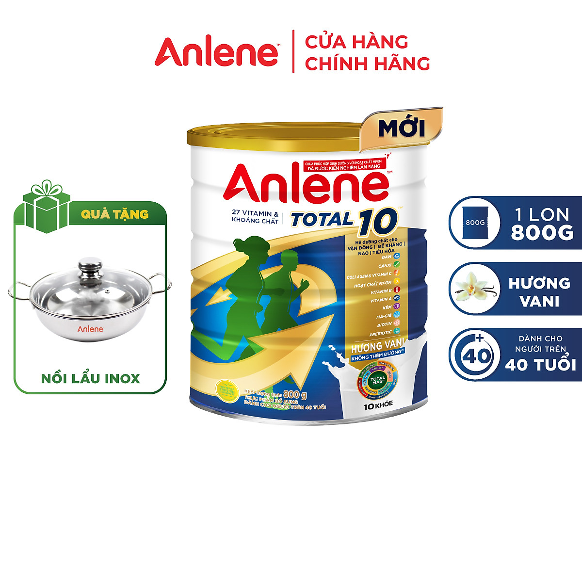 Sữa bột bổ sung dinh dưỡng Anlene Total 10 lon 800g - Tặng nồi lẩu inox