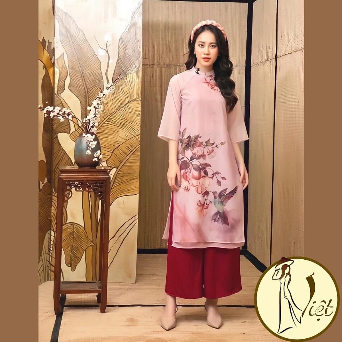 Áo Dài Cách Tân Nữ Tết 4 Tà Tơ Ánh Màu Đỏ Và Hồng - Áo Dài