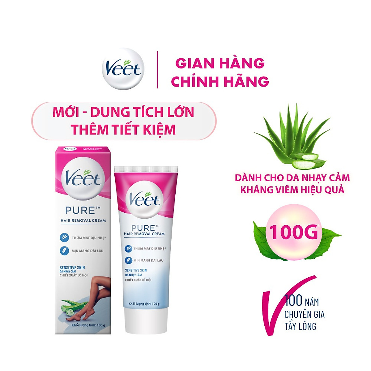 Kem tẩy lông Veet cho da nhạy cảm, hộp lớn 100g tiết kiệm, công thức Pure cải tiến
