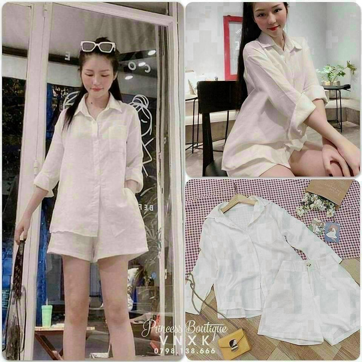 Set bộ quần short nữ áo sơ mi sọc nhuyễn tay ngắn trắng CHIBEST HSB33   MixASale