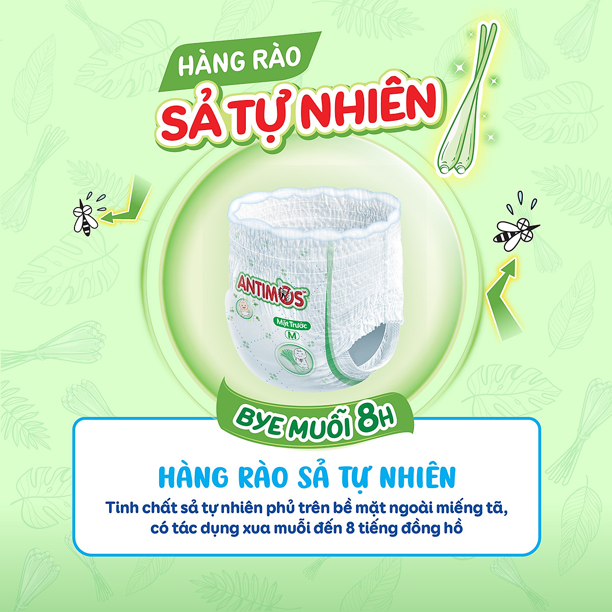 Tã Quần Xua Muỗi Bobby Antimos – Hàng rào Sả tự nhiên Bye Muỗi 8H - Size M 52 miếng
