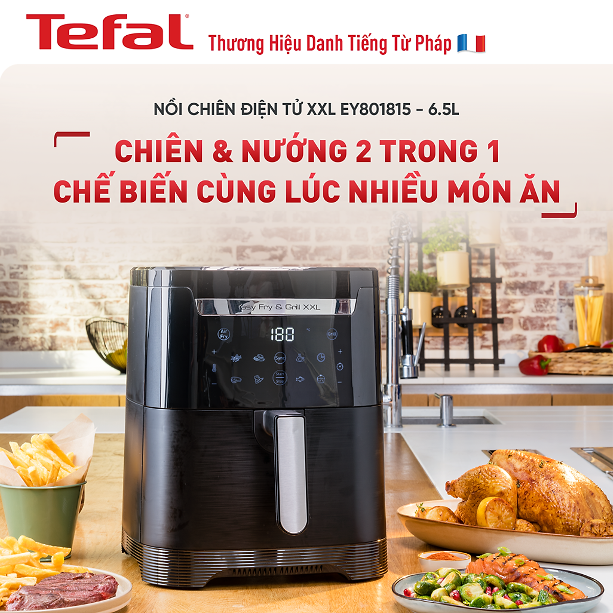 Nồi chiên không dầu Tefal 2in1 Easy Fry & Grill 6.5L  XXL EY801815 - Hàng chính hãng