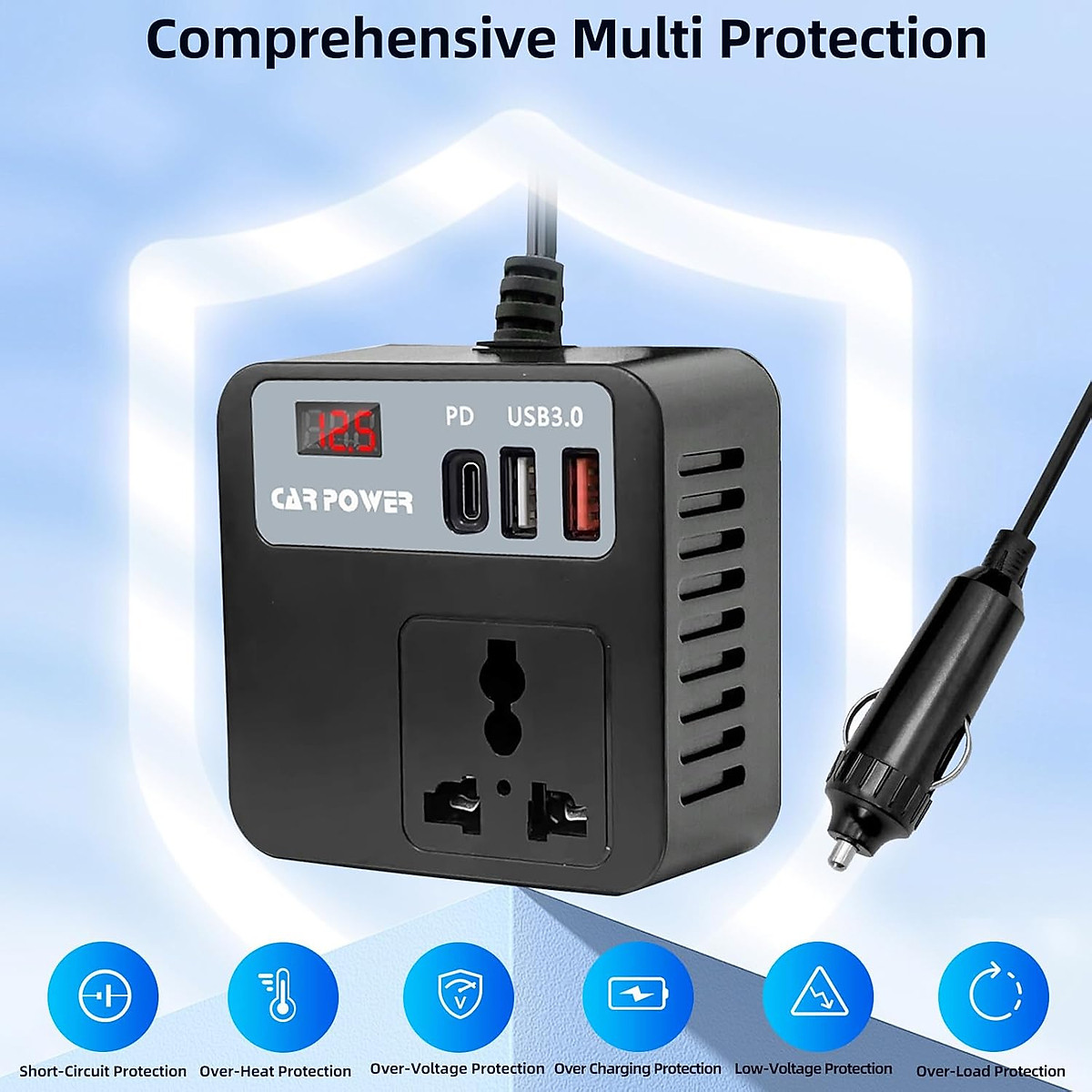 Bộ Chuyển Đổi, Biến Tần Đa Năng 12V/24V Sang 110V/220V Cho Xe hơi, Ô tô. 1 Type C - 2 cổng USB có sạc nhanh QC3.0, Bật Lửa