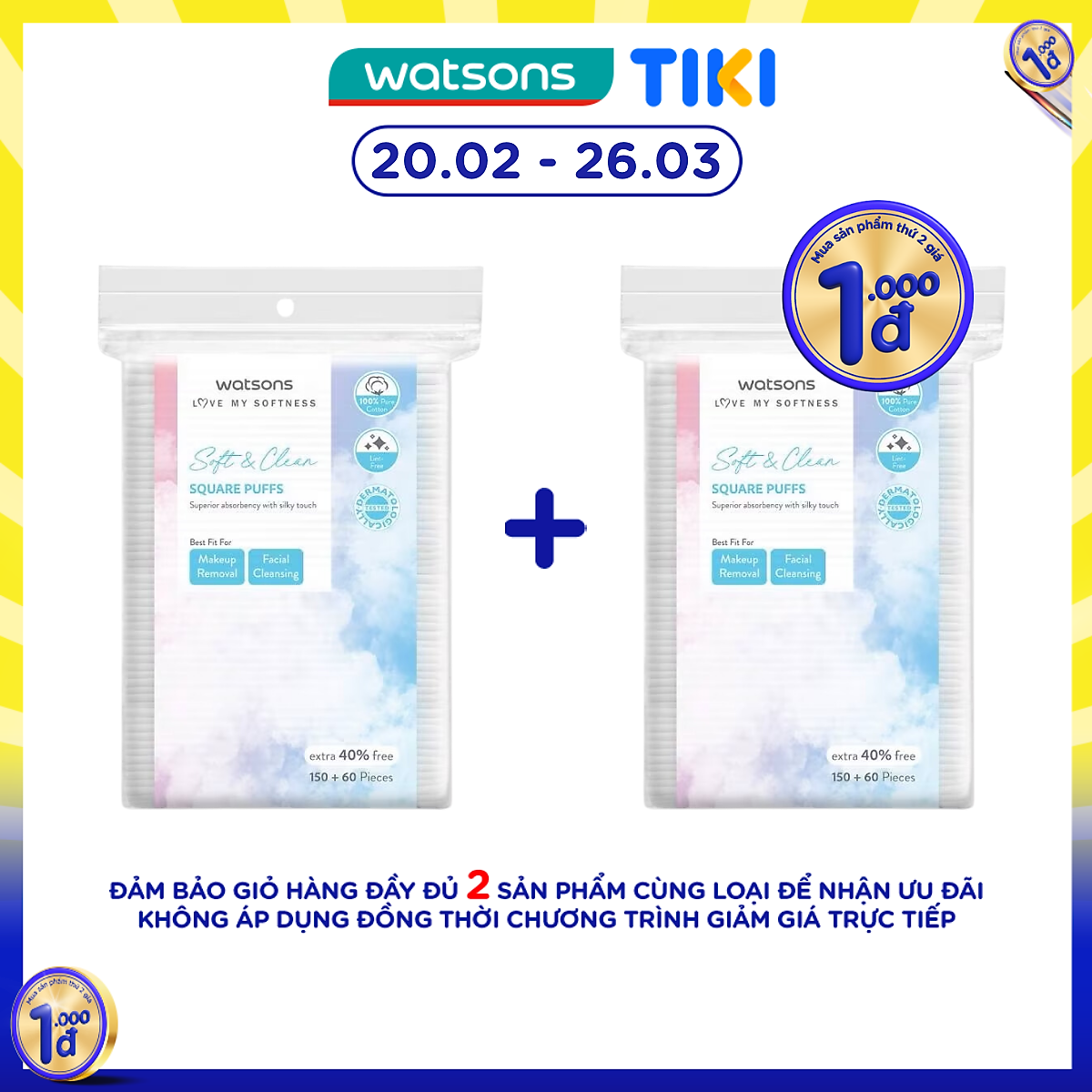 Bông Tẩy Trang Watsons Square Puffs 150S+40%