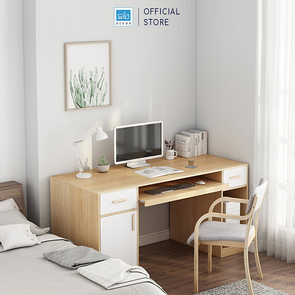 Bàn Học Tập, Bàn Làm Việc Kết Hợp Ngăn Kéo Và Ngăn Đỡ PC Hiện Đại, Đa Năng SIB Decor BLV63