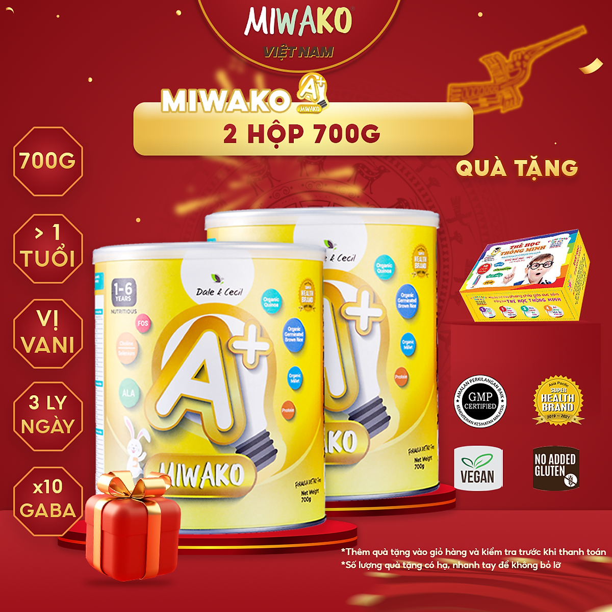 Sữa Miwako A+ Sữa Hạt Cho Bé Tăng Chiều Cao Ngủ Ngon Phát Triển Thông Minh, Sữa Không Đường 700g Vị Vani x2 Hộp - miwako
