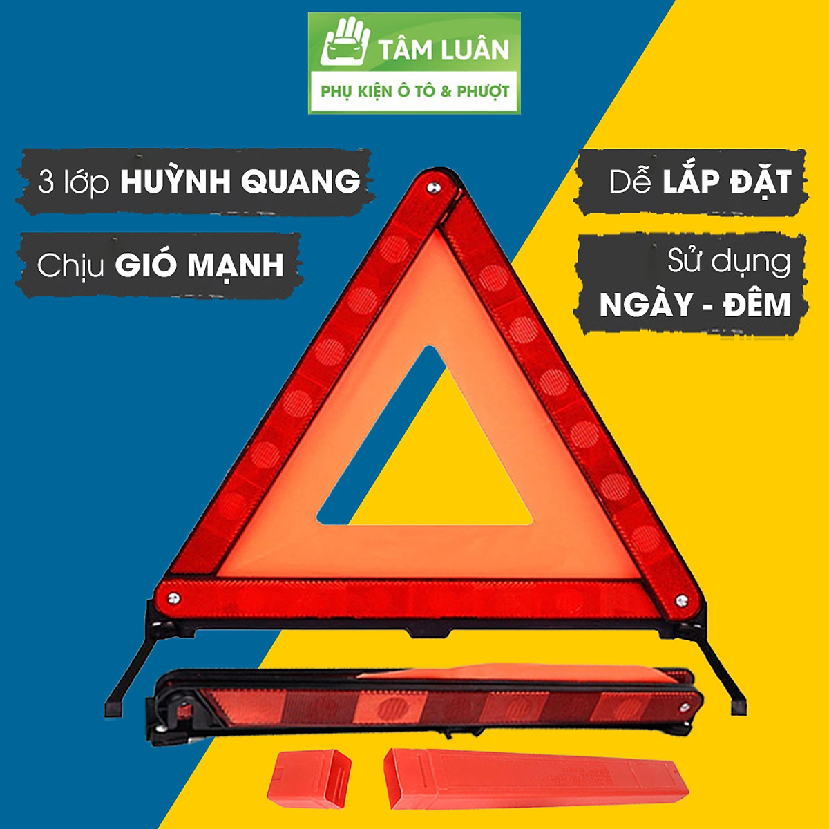 Biển báo phản quang tam giác xếp gọn, biển cảnh báo nguy hiểm, biển tam giác phản quang sự cố, phụ kiện ô tô Tâm Luân