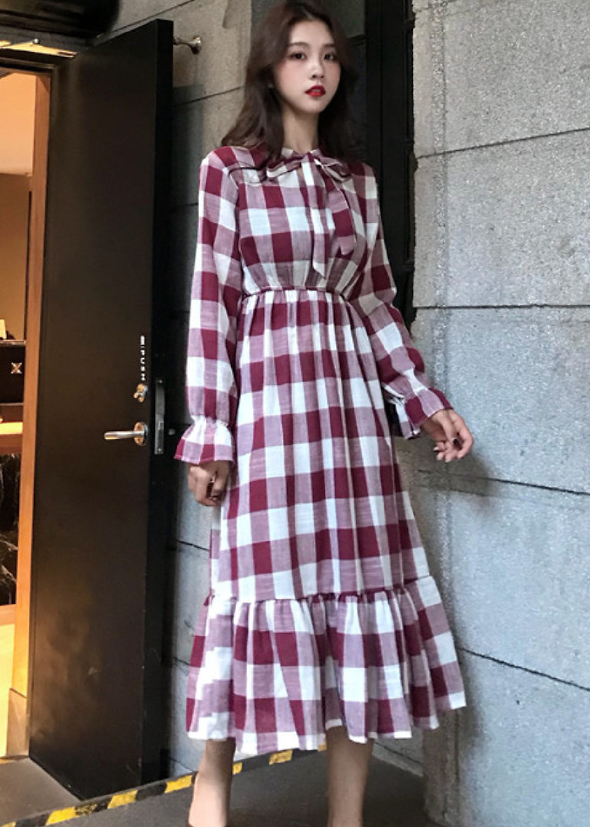 Đầm Ca Rô Nơ Cổ Thanh Lịch DN063 MayHomes