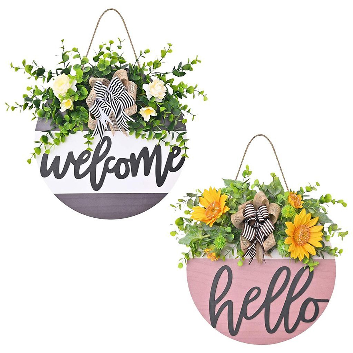 2pcs Wooden Welcome Sign Door Wreath Greenery with Bowknot ...