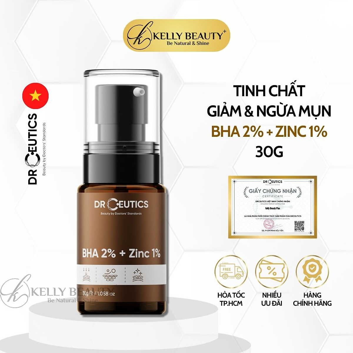 Serum Mụn DrCeutics BHA 2% + ZinC 1% - Cải Thiện và Ngừa Mụn; Thoáng Lỗ Chân Lông Kelly Beauty