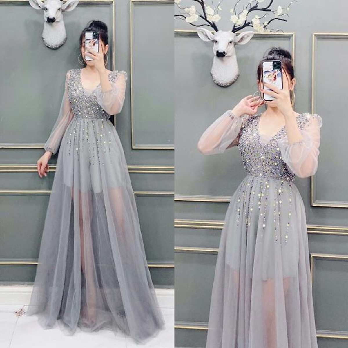 Đầm maxi dự tiệc sang trọng tay dài lưới kết cườm TRIPBLE T DRESS - size M/L ( ảnh mẫu chụp thật ) MS142V