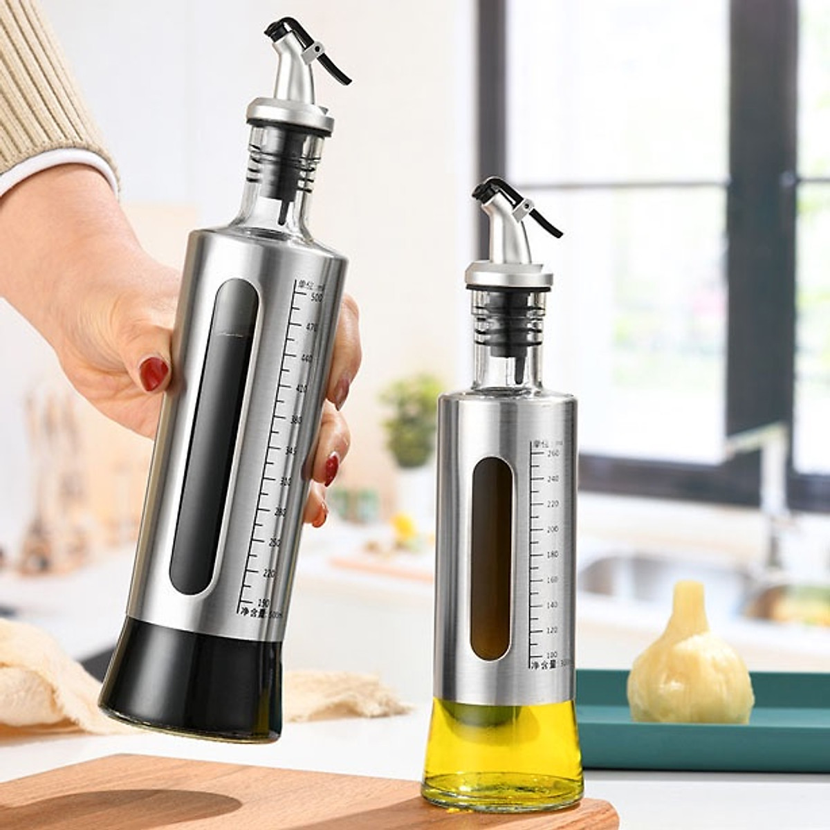Chai Đựng Dầu Ăn Nước Mắm, Bình Thủy Tinh Bọc Inox Cao Cấp Chai Đựng Gia Vị Thủy Tinh Bọc Inox 304,Bình Rót Dầu Ăn, Nước Tương, Nước Mắm 200/300/500ml