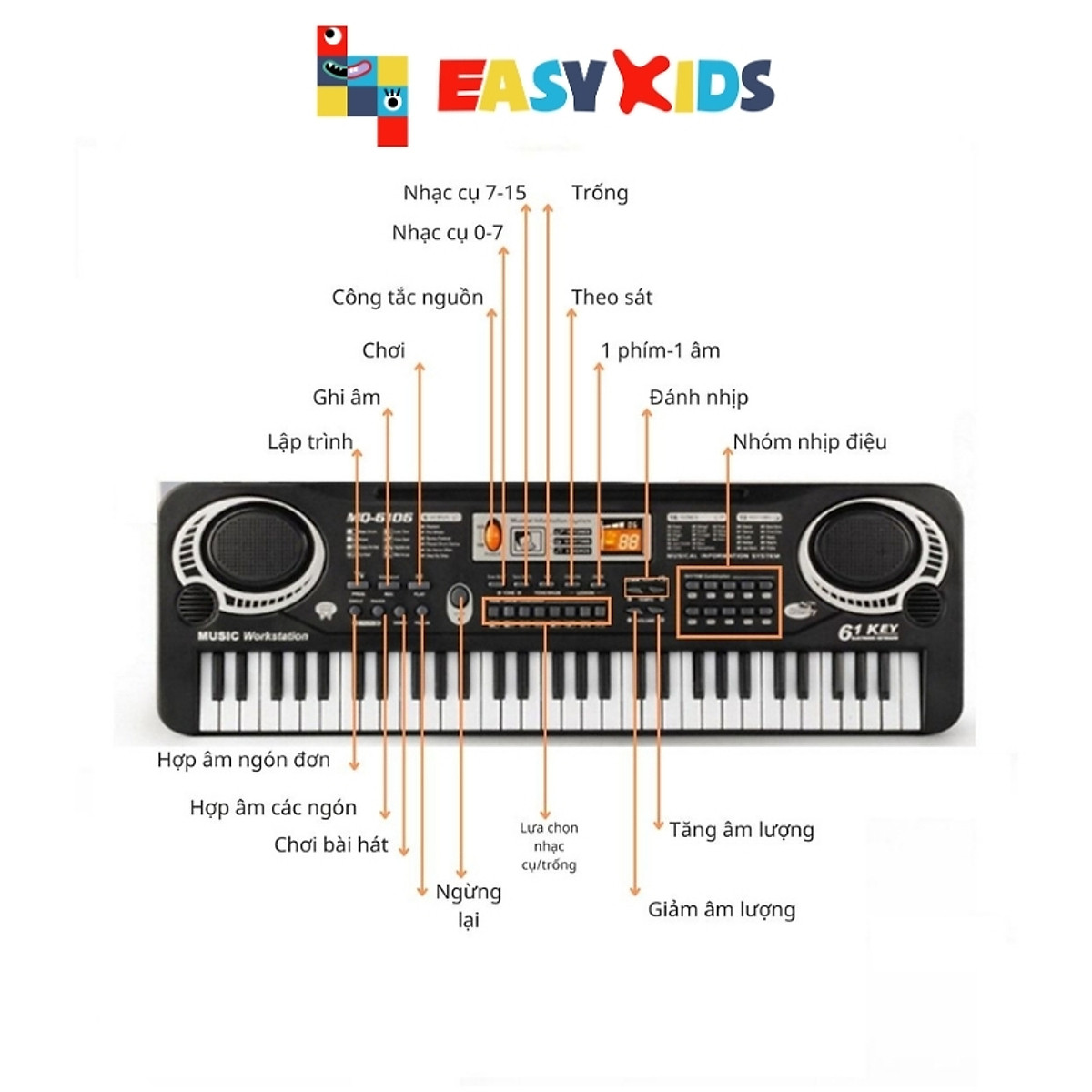 Đàn Organ Đàn Piano Điện Tử Đồ Chơi Cho Bé 61 Phím Sạc Điện Có Mic, Dây Sạc USB