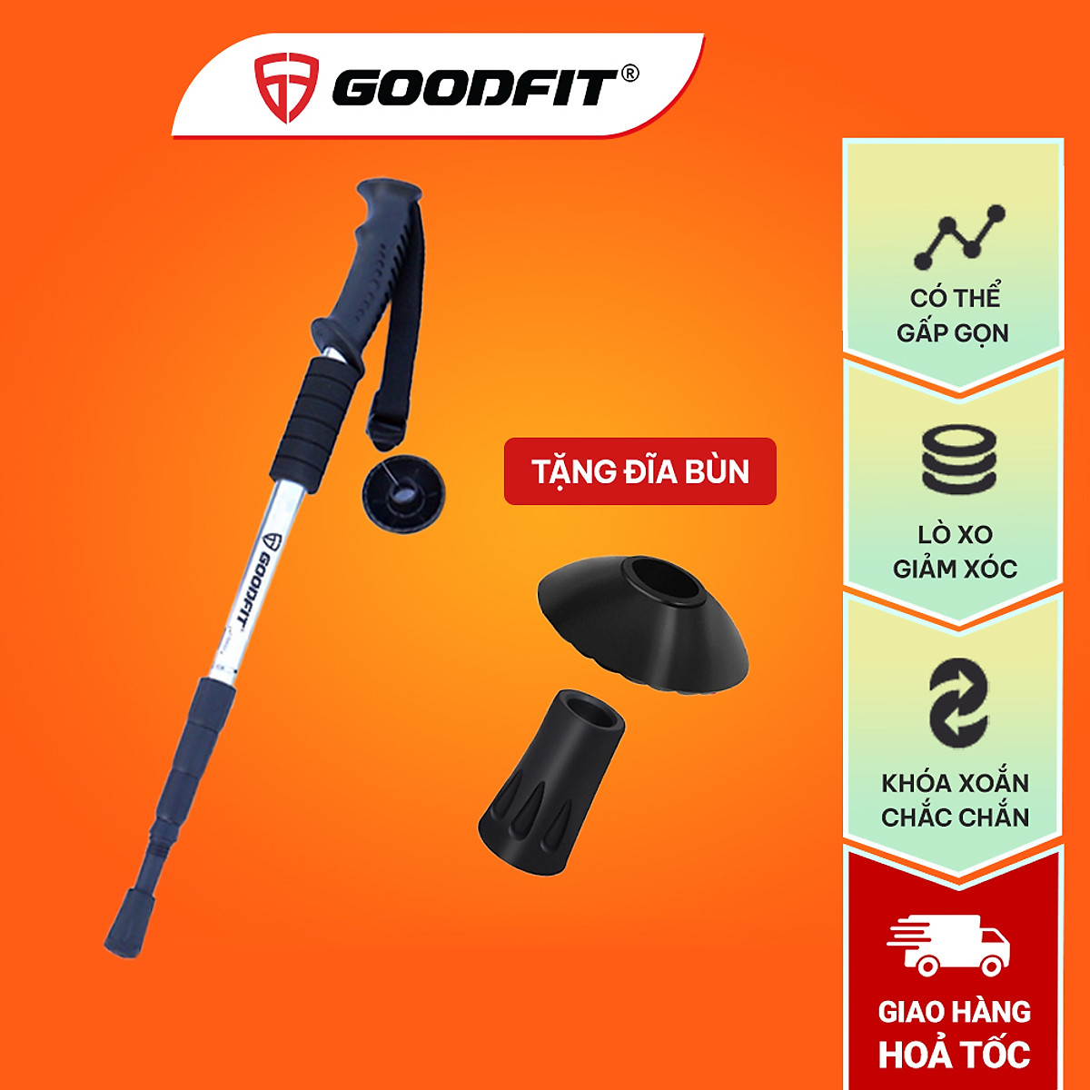 Gậy leo núi, gậy trekking GoodFit chính hãng gấp khúc dùng du lịch, phượt, dã ngoại GF03E