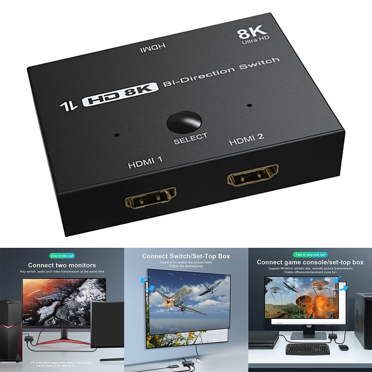 Switch HDMI 2.1 Bidirezionale 8K@60Hz | 2 In 1 O 1 In 2 | EDID Adattivo | Per PS5/Xbox