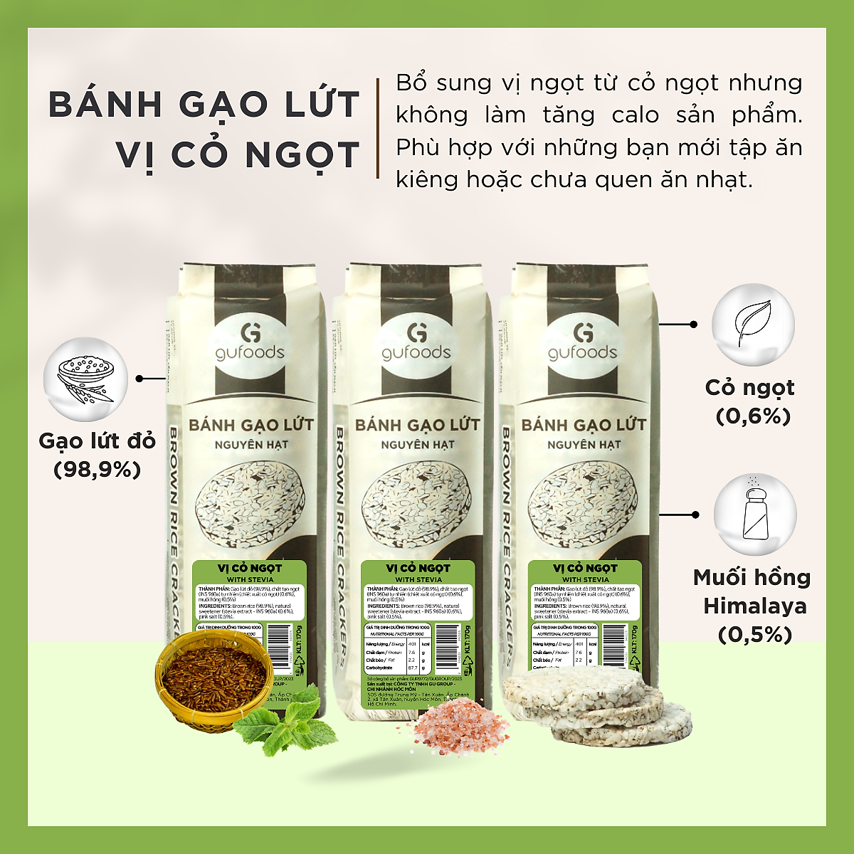 Bánh gạo lứt nguyên hạt ăn kiêng GUfoods (Gói 510g=54 bánh) - Không chiên dầu, Phù hợp Eat clean, Ăn vặt healthy, Thực dưỡng, Tập Gym, Giảm cân