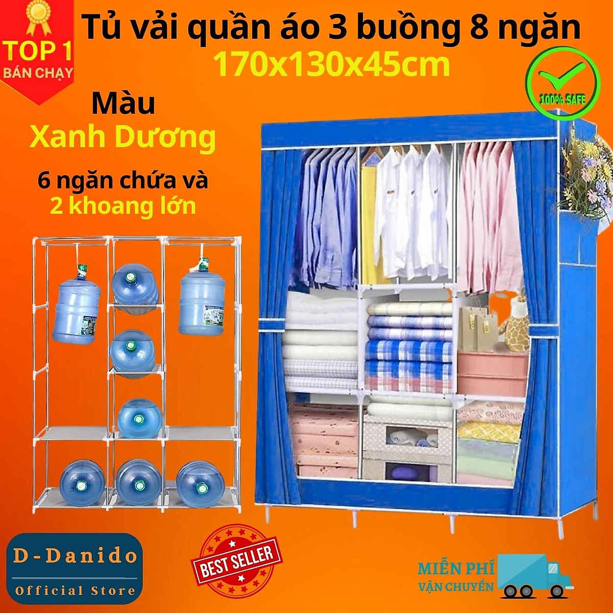 Tủ Quần Áo Cải Tiến Thế Hệ Mới, Tủ Vải Quần Áo 3 Buồng 8 Ngăn 1,7m Cao Cấp