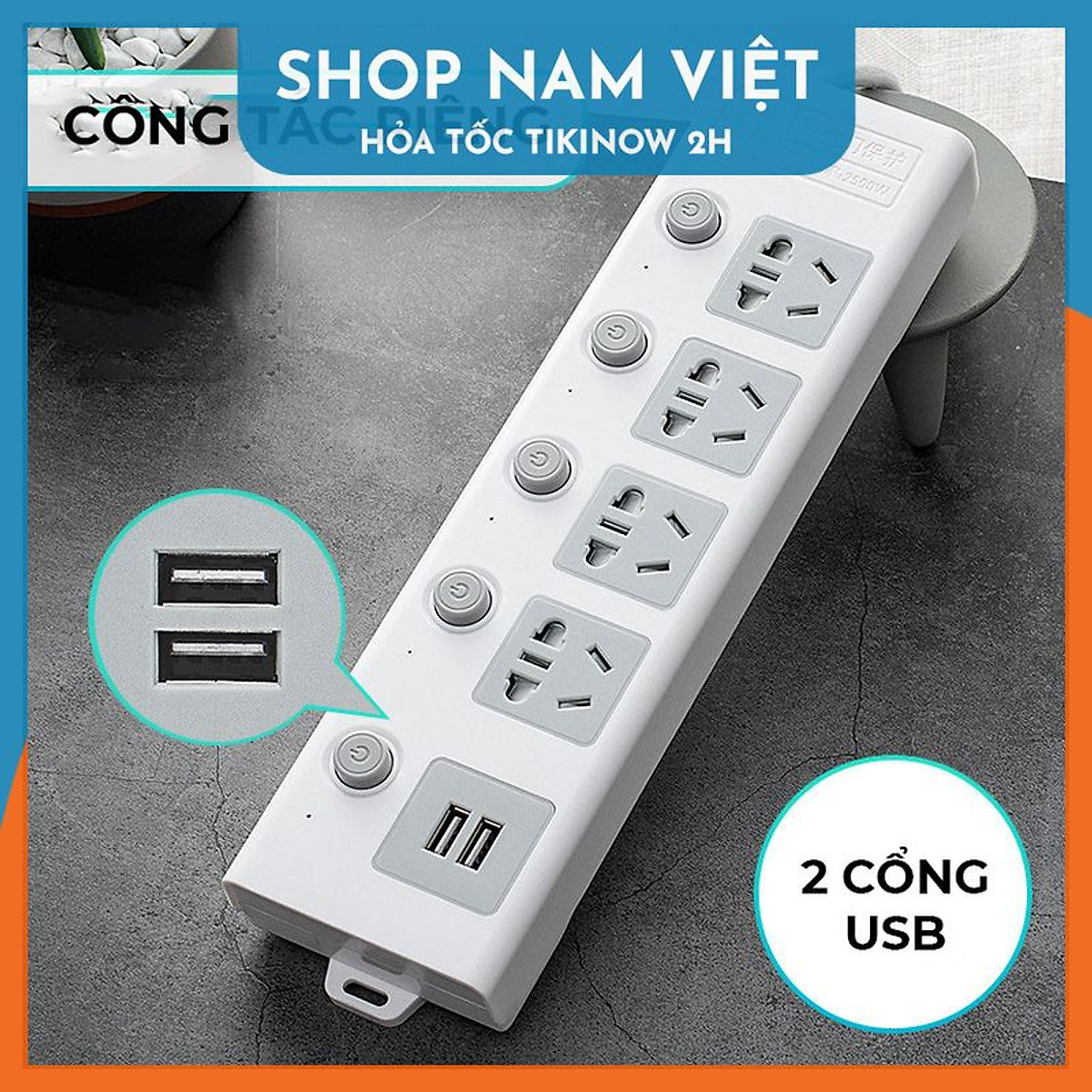 Ổ Cắm Điện Kèm Cổng USB Công Tắc Riêng Chịu Tải 2500W, Chống Giật, Chống Cháy