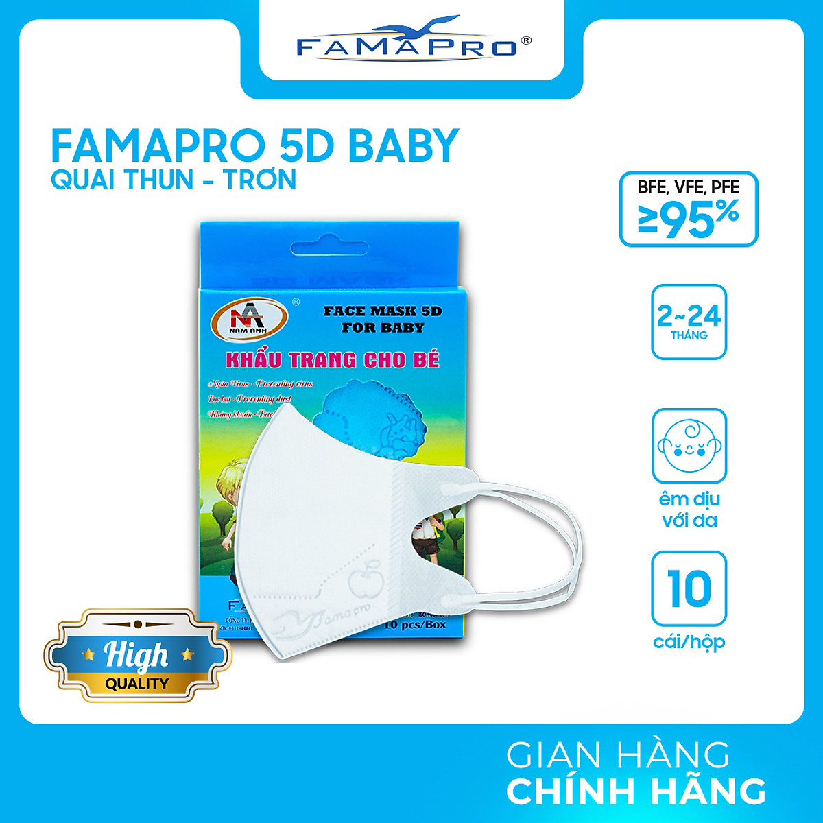 - Khẩu trang y tế trẻ em kháng khuẩn 3 lớp Famapro 5D Baby (10 cái/ hộp) - 1 HỘP