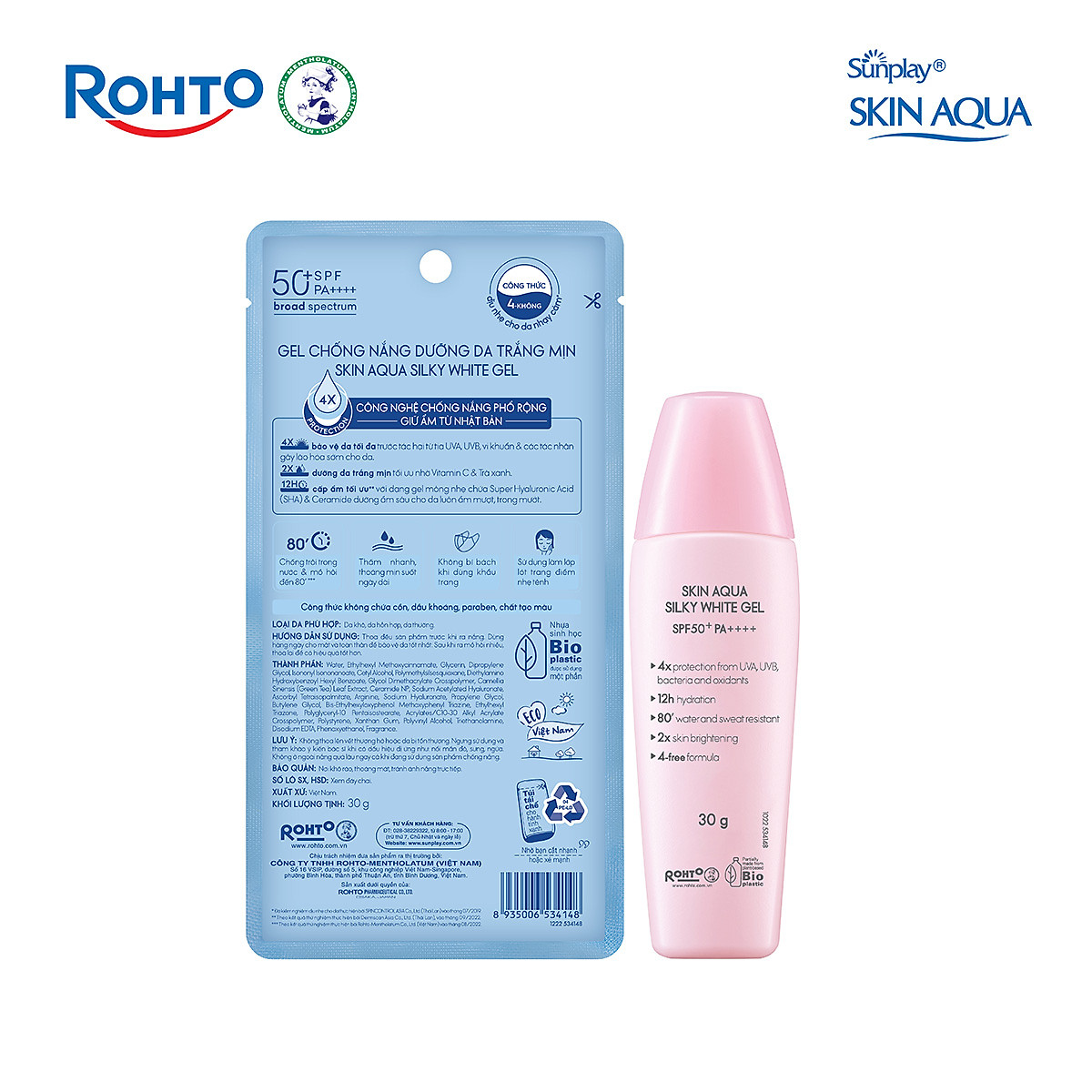 Kem chống nắng Skin Aqua dưỡng trắng & dưỡng ẩm, dùng hàng ngày dạng gel Sunplay Skin Aqua Silky White Gel Eco Việt Nam SPF 50, PA++++ 30g