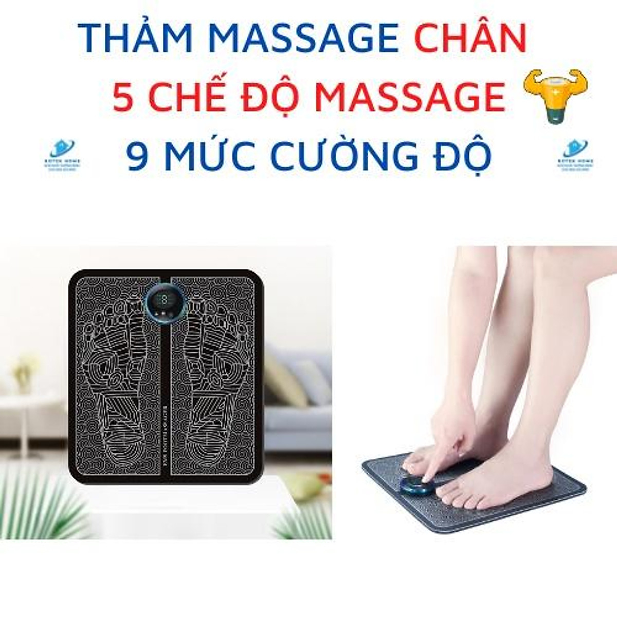 Thảm massage chân thư giãn trị liệu nhức mỏi chân, mát xa công nghệ xung điện màn hình kỹ thuật số, pin sạc