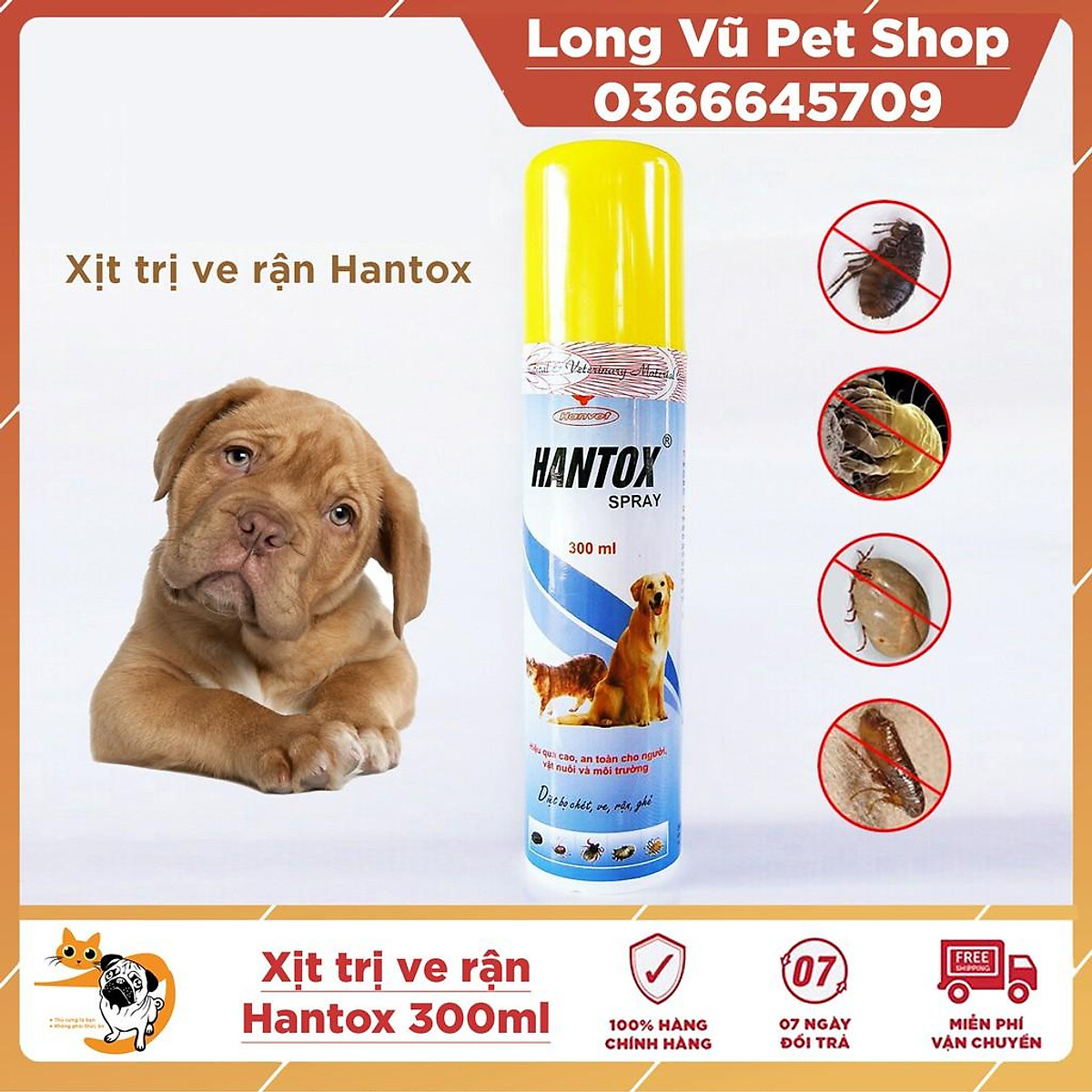 Thuốc trị ve, ghẻ, chấy, rận, bọ chét trên chó mèo HANTOX dạng xịt 300ml